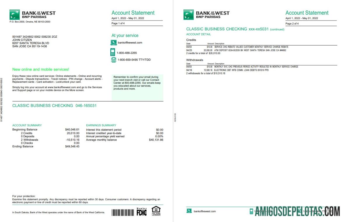 Exemplo de extrato bancário do BNP da França, 4 páginas